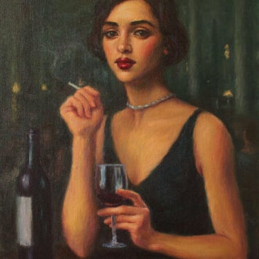 Woman with Red Wine: Art Print from Original Oil Portrait Painting by Pat Kelley. Female Figurative Noir Wall Decor 