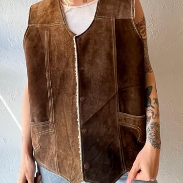 70s &lsquo;Zamher&rsquo; Suede Shearling Lined Vest / Large 