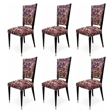 Set of Six Italian Mid-Century Dining Chairs with Floral Pattern Upholstery