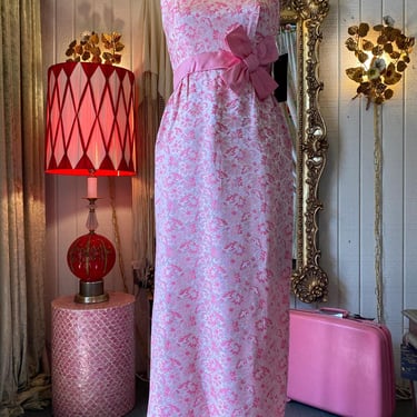 vintage 1960s pink brocade gown, satin bow, 60s formal, evening gown, maisel, sm 