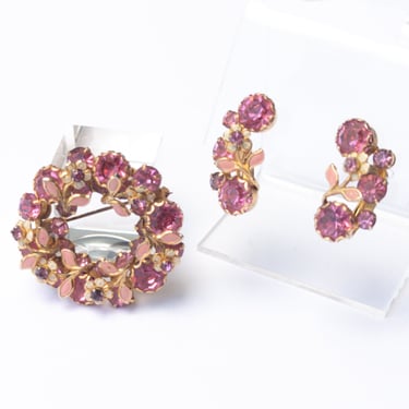 Vintage Kramer BROOCH & EARRING Set / Pink Rhinestone Enamel Flower Signed Demi Parure 