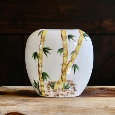 Vintage Bamboo Vase, Tropical Asian Home Decor, Signed Ceramic Flower Holder w hand painted Bamboo Stalks, Collector Gift, Chinoiserie Decor 