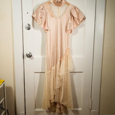 Vintage 1980s Flapper Style Shift Dress Silk & Lace Size Small 