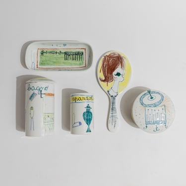Vintage ceramic bath set hand-painted - 5 pieces, naive motifs colorful - Montecatini Italy 1960s - stylish storage, bathing, gift retro 
