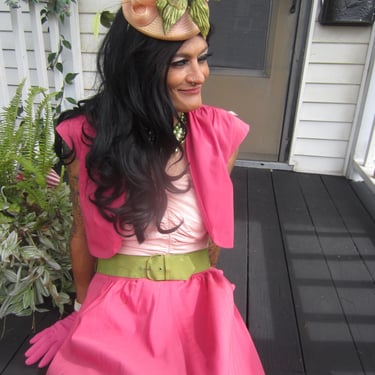 1940's Pink & Green Cotton Party Dress With Bolero Cap Sleeve Jacket , Original Belt, Side Zipper Excellent Vintage Condition, Rare Find ! 