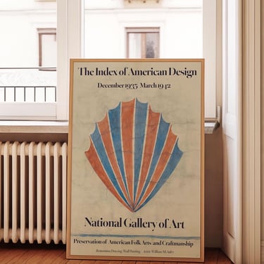 Exhibition Style Museum Art Poster, Vintage Watercolor, Blue and Coral Pink Nautical Shell Design, Index of American Design 
