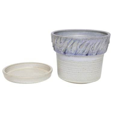 Vintage Periwinkle Incised Studio Ceramic Planter with Saucer by Deanna Nichols