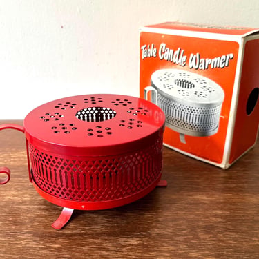 Vintage Red Metal Table Candle Warmer | Teapot Hot Plate Dish Serving Footed Pedestal w Handle | MCM Holiday Christmas Festive Dinner Party 