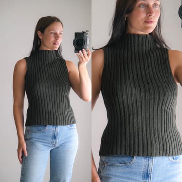 Vintage MAX MARA Smokey Sage Fisherman Ribbed Mock Neck Sweater Tank Top | Made in Italy | 100% Cotton | Y2K 2000s Italian Designer Blouse 