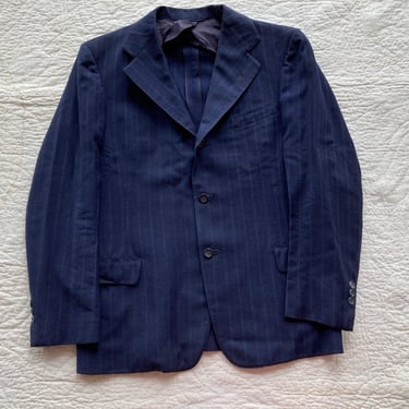 Size 40 30s 40s Striped Navy Blue Wool Suit Jacket Sport Coat Curlee Clothes 1930s 1940s 
