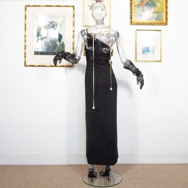 Vintage 1990s Black Column Evening Dress Rhinestone Strap With Cut Out Back Detail Size M UK 12 