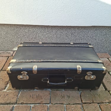 Vintage Black Suitcase, Large Flat Travel Case, 1940s European Luggage, Cardboard Storage Trunk, Photography Prop 