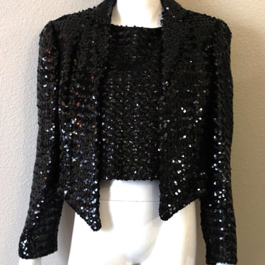 Vintage 1960s Sequinned Black Crop Jacket and shell Set Holiday Evening Party // US 6 8 Medium 