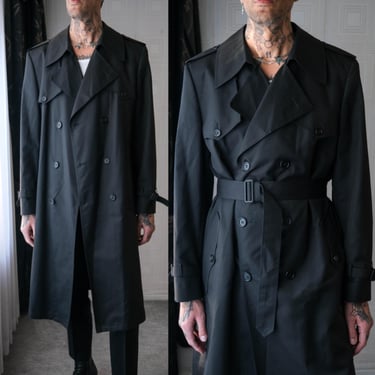 Vintage 80s CHRISTIAN DIOR Monsieur Black Double Breasted Belted Trench Coat w/ Removable Wool Lining | Made in USA | 1980s Designer Jacket 