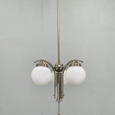 Art Deco Chandelier Nickel Opaline Glass Pendant Light Czechoslovakia 1930s 
