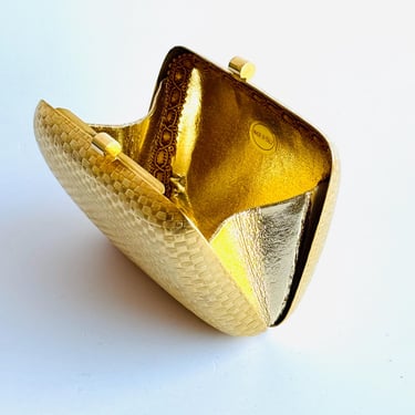 vintage gold Italian Metal Micro Clutch purse embossed / etched  weave design snap closure leather lining Made in Italy minauderie 