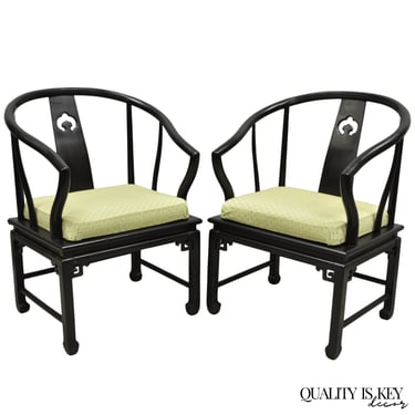 Vintage Oriental Ming Style Ebonized Horseshoe Lounge Chairs by Century (A) Pair