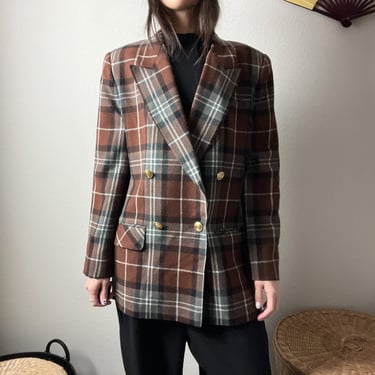 90s vintage brown wool plaid tartan preppy academia chic double breasted blazer 