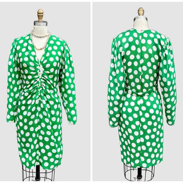 EMANUEL UNGARO Parallèle Paris Vintage 80s Polka Dot Dress | Green Silk Gown | 1980s Designer, Made in Italy | Size Medium 