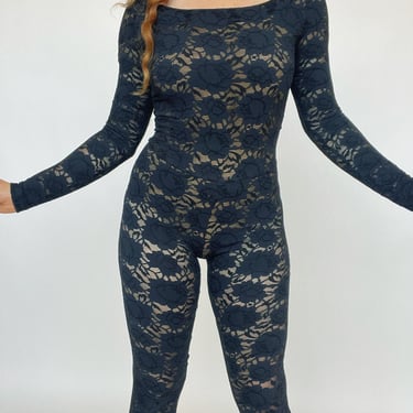 1990s Body Suit Betsey Johnson Sheer Black Lace One Piece S 