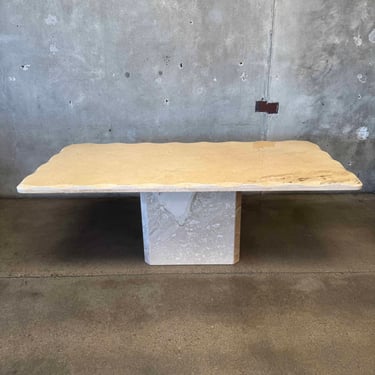 Vintage Post Modern Scalloped Edge Beige Travertine Dining Table