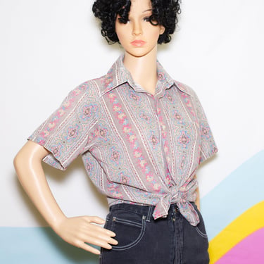 Vintage 1970s Short Sleeve Button Up Long Collar Shirt | Small/Medium | i-7 
