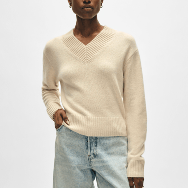 White + Warren | Cashmere Wide Rib Trim VNeck