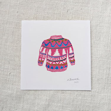 Pink Sweater Linocut Print, 5x5 inches, Handpainted with Gouache 