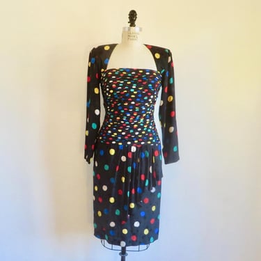 1980's Polkadot Silk Cocktail Dress Sweetheart Neckline Long Sleeves Ruching Formal Cocktail Party Dresses 28