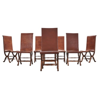 Set of Eight French Provincial Leather Oak Curule Dining Chairs