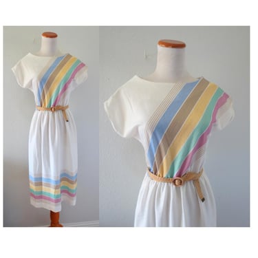 Vintage Pastel Rainbow Stripe Dress - 80s Candy Colors Secretary Blouson Dress - 80s 1980s Midi Summer Sundress - Size Small 