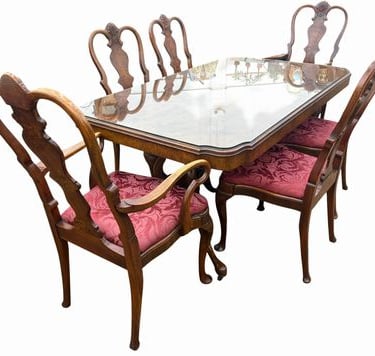 Queen Anne-style double-pedestal dining table w/ burled walnut top & custom glas