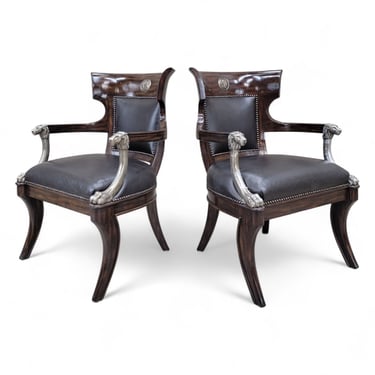 NEW - Vintage George IV English Regency Styled Black Leather Armchairs with Metal Lion Head Arms and Saber Legs