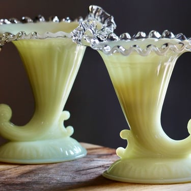 Vintage Fenton Ivory Crest Cornucopia Candleholders, Horn of Plenty Fall Centerpiece, Uranium Glass Candlestick Holders, Gift for Collector 
