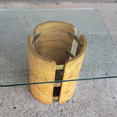 Cylindrical Side Burl & Glass Table Attributed to Milo Baughman 