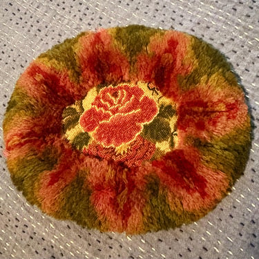 Antique Handmade Needlepoint Rose Vanity Brush Mat, Plush Mohair Dresser Set Piece, Victorian Edwardian Boudoir Decor, Family Provenance 