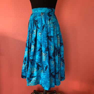 Vintage 1950s Hawaiiana Circle Skirt: Metallic Gold Flowers, Size Small 