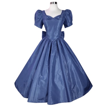 Vintage 80s Blue Moire Tiered Back Bow Taffeta Full Skirt Prom Gown Party Dress XS S Extra Small Eighties 1980s Puff Sleeves Formal Evening 