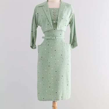 Classic 1950's Polka Dot Pistachio Wiggle Dress With Matching Bolero / S