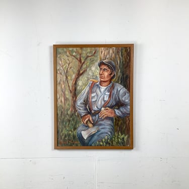 Signed Mid-Century Oil Painting of Lumberjack in Forest Setting 
