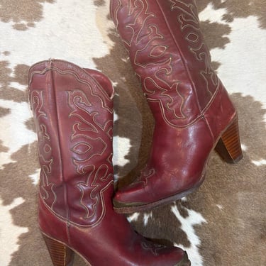 Vintage Burgundy Leather Zodiac Cowgirl Boots size 7 M 