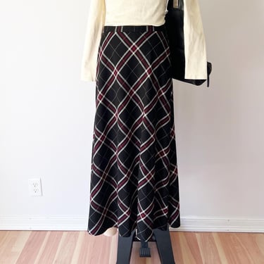 Studio C Maxi Skirt Black Red Plaid Bias Cut Side Zip Vintage Size 8 