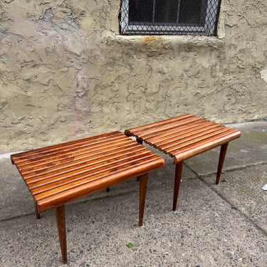 Mid Century Modern Slat Bench: Danish Walnut Coffee Table a pair 