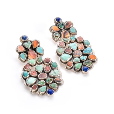 Vintage 1970s Oscar Betz Multi-Stone Silver Chandelier Earrings, Turquoise, Spint Oyster, and Lapis Southwestern Drop Earrings, 73mm 