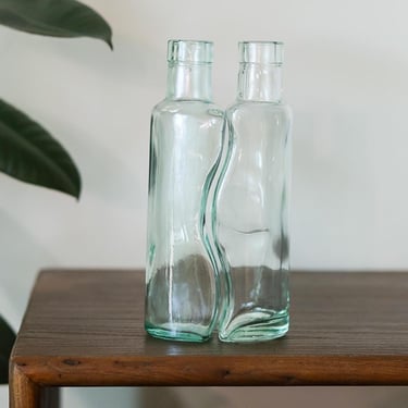 Vintage Interlocking Glass Cruet Set, Italian Aqua Green Oil and Vinegar Bottles, MCM Kitchen Decor 