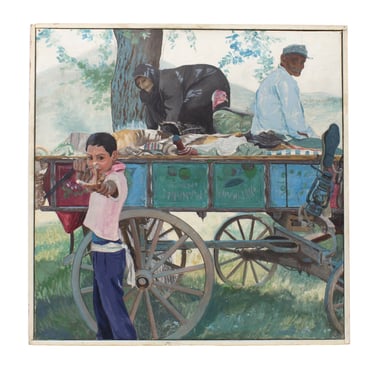 Vintage Oil Painting of Boy with Slingshot and Travelers in Horse Drawn Cart