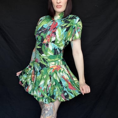 Vintage KAREN ALEXANDER 1980s Tropical Floral Print Cotton Bubble Skirt Mini Dress - size Medium to Large 