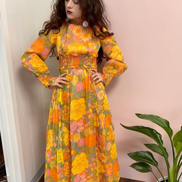 Vintage 60s Silk Floral Puff sleeve Maxi dress XS S 