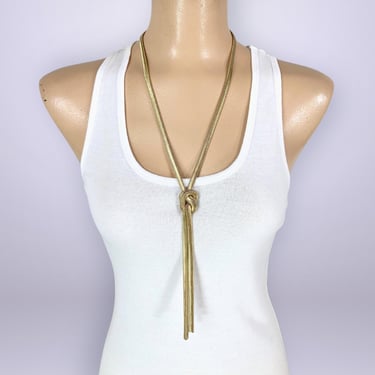 VINTAGE 90s Metal Gold Herringbone Lariat Love Knot Necklace | 1990s Large Long Modernist Snake Chain Necklace | VFG 
