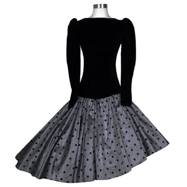 Vintage 80s Grey Black Velvet Polka Dot Taffeta Hi Lo Full Skirt Prom Gown Party Dress XS Extra Small Dark Gray Flocked Long Sleeve Evening 